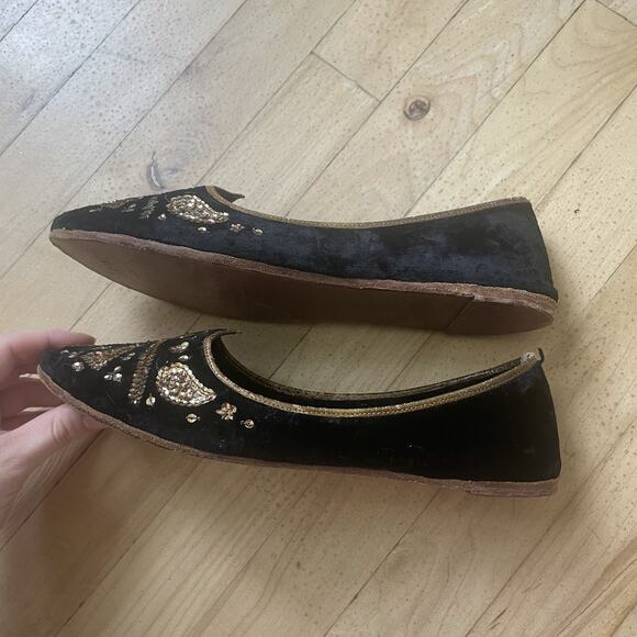 Vintage‎ Handmade Jutti Shoes Womens Size 7.5 Black Gold Beaded Pakistan Velvet - Picture 12 of 12